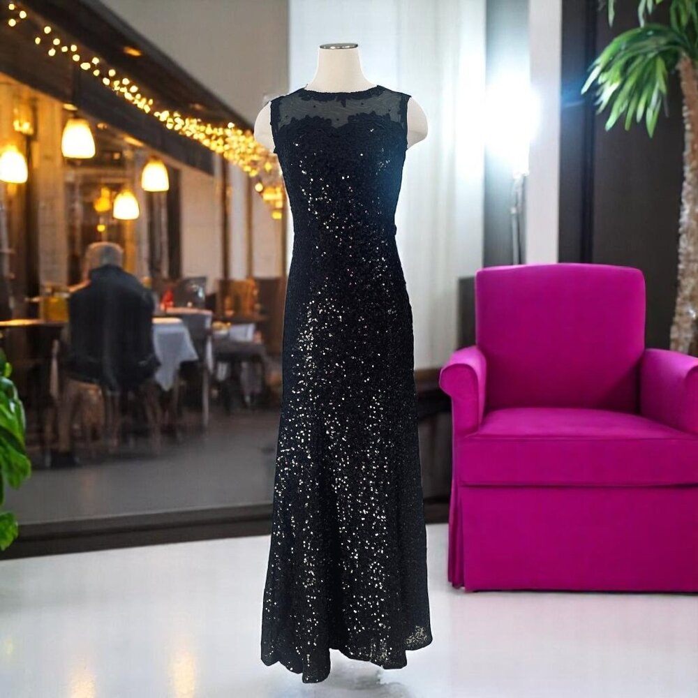 Black Sequin Gown Mesh Illusion Neck Plus Size 9 Formal Prom Evening Dress